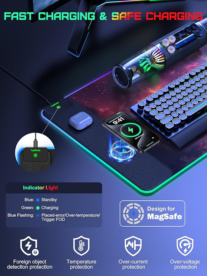 TopMade Wireless Charging Mouse Pad, RGB Gaming Mousepad Home Office Desk Pad, 31.5” x 15.8” Large Desk Mat, Waterproof Keyboard Pad, Galaxy Nebula (Includes 20W PD Power Adapter & 6.56ft Woven Cable)