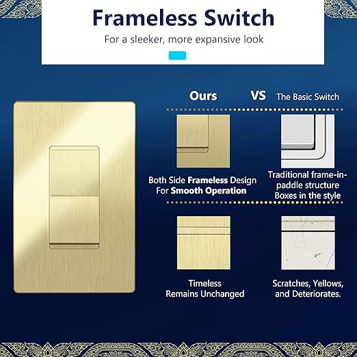 LIDER Brushed Gold Minimalist Design Decorator Switch with Screwless Wall Plate, Frameless Wall Light Switch, On/Off Rocker Switch, Single Pole, Residential Grade, 3 Wire, 15A 120-277VAC