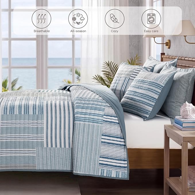 Queen Quilt Set-3 Pieces Soft Bedding Lightweight Floral Patchwork Coverlet | - Image 4