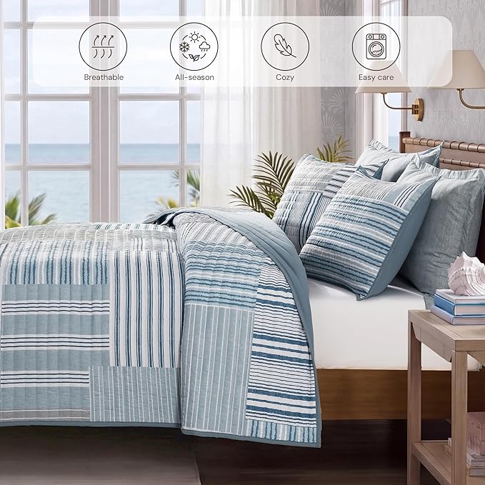 King Quilt Set-3 Pieces Soft Bedding Lightweight Floral Patchwork Coverlet | - Image 4