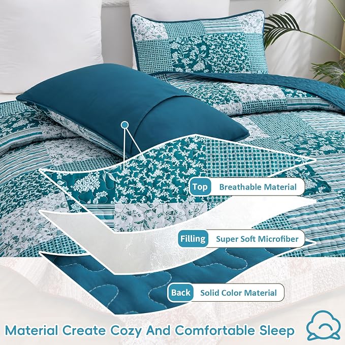 Mybedsoul Teal Blue Quilt Set King Size 3 Pieces Boho Plaid Turquoise Floral - Image 3