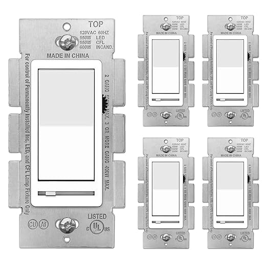 BESTTEN 5 Pack Dimmer Light Switch, Single Pole or 3-Way, Compatible with Dimmable LED, CFL, Incandescent and Halogen Bulb, LED Slide Dimmer Switch, Neutral Wire Not Required, 120VAC, UL Listed, White