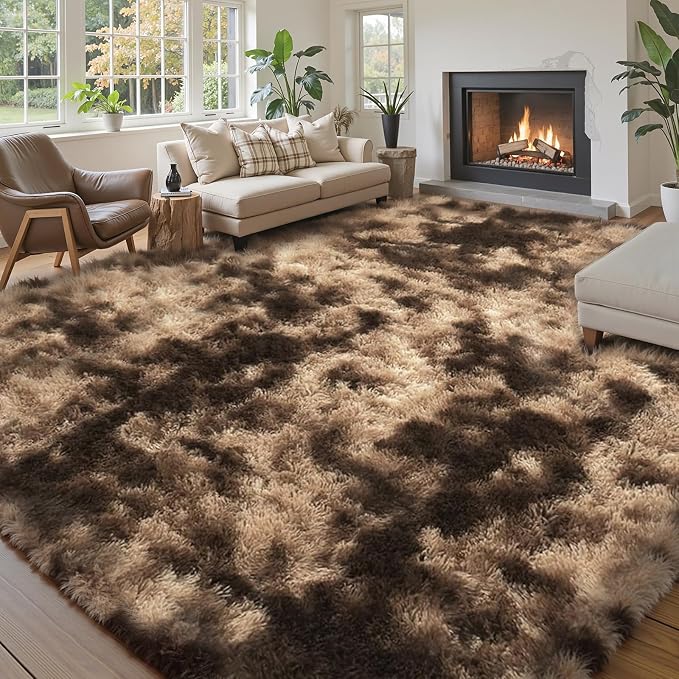 Area Rugs10x14 for Living Room, Dark Coffee Tie-Dyed Large Shaggy Plush Rugs | by Junhejiamei