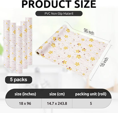 RAY STAR 18X96 Inch Shelf Liner for Kitchen Cabinets, Non-Adhesive Cabinet Liner Washable, PVC Drawer Liner for Dresser Non-Slip Bathroom (Yellow-Floral)(5 Roll)