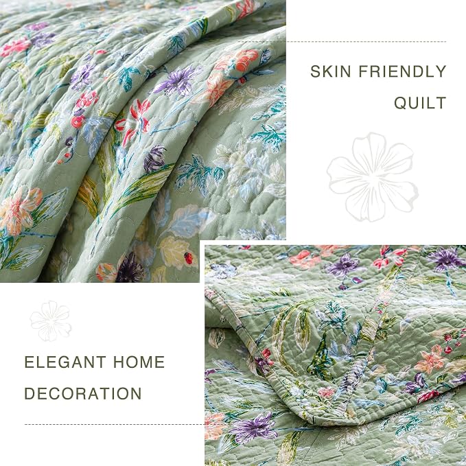 QSH 100% Cotton Quilt Oversized King Set-3Pcs Green Floral Quilt California - Image 9