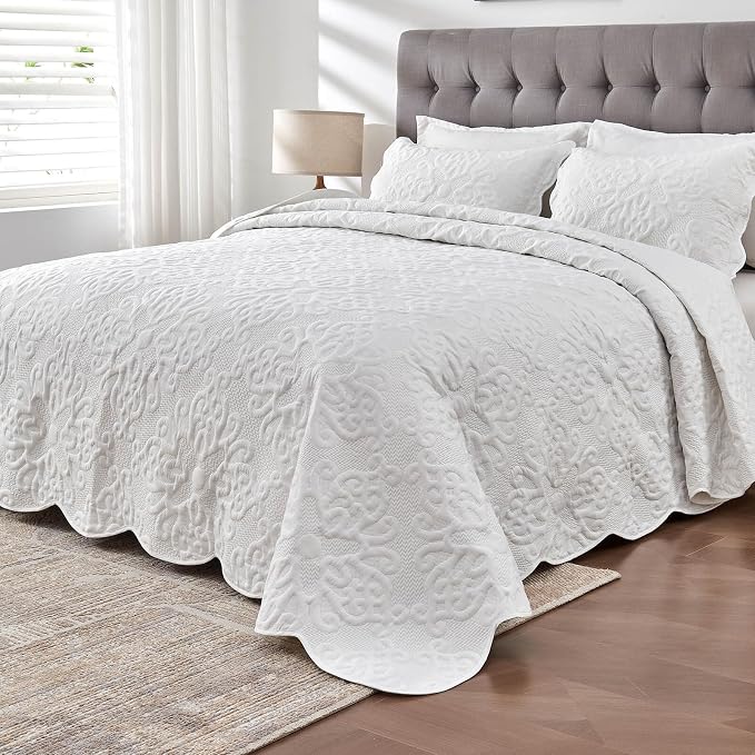 Kingnex 106x96 King Size Lightweight Bedspread Coverlet Set White | 3 Pcs by Kingnex