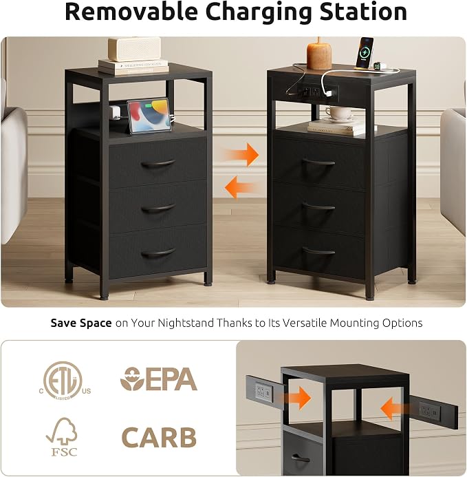 Lazzanto Night Stand with Charger Station, 3 Fabric Drawers, Bedside Table - Image 3