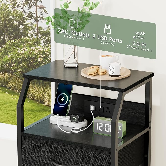 Tall Night Stand with Charging Station, 4 Drawers Bedside Table | Small Black - Image 8