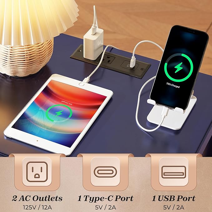 Huuger Nightstand with Charging Station, Bedside Table with Storage, Modern - Image 3