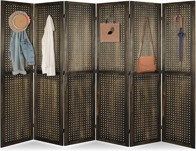 6 Panel Pegboard Room Divider | Brown Wood Folding Privacy Screen by Unknown