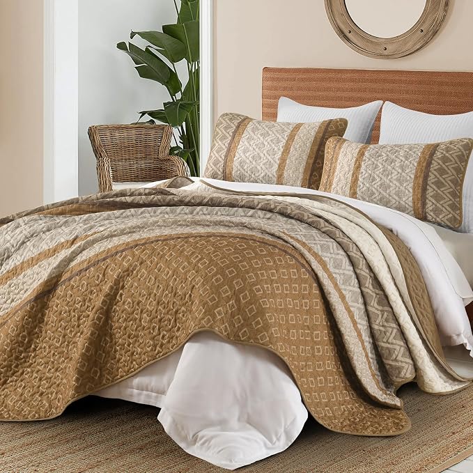Dinjoy Boho Queen Quilt Set, Striped Bedspread Queen Size, Light Brown Bedding - Image 5