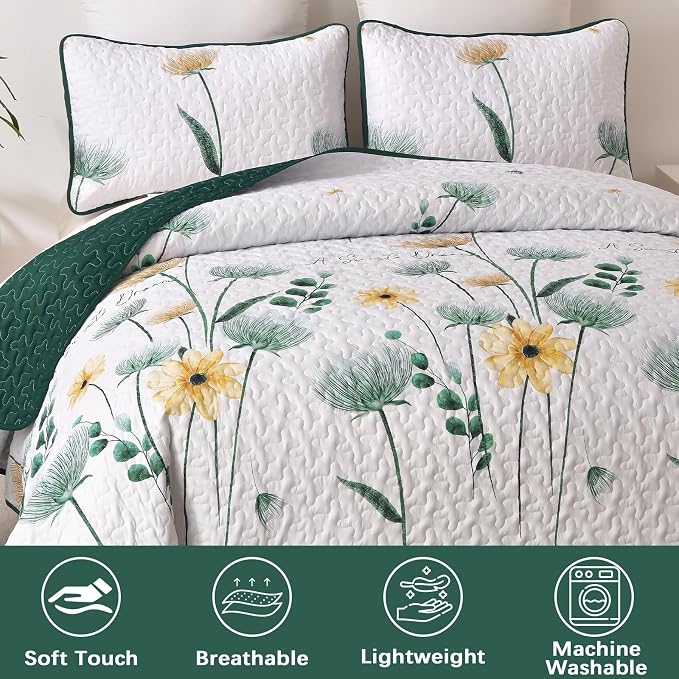 Dinjoy Green Quilt Set King Size, Boho Floral Bedspreads, Autumn Bedding | Fall - Image 5