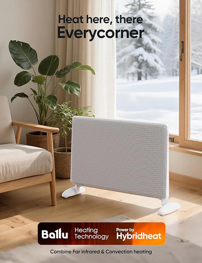 Ballu Mica Infrared Space Heater Indoor Use,Large Room Panel Heater with Programmable Thermostat,WiFi App Control,Portable Stand or Wall Mount,Energy Efficient Smart Quiet Heater,Work with Alexa,White