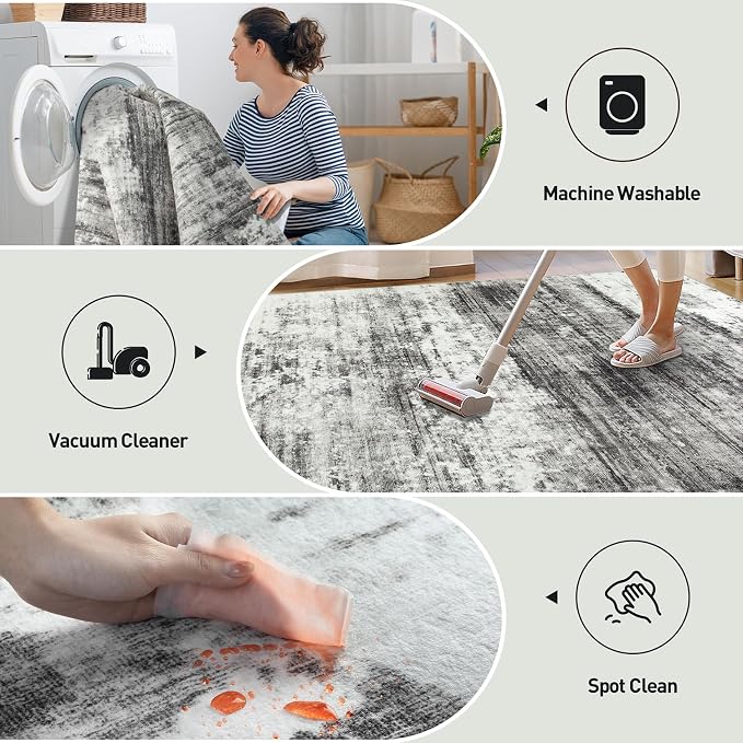 9x12 Area Rugs for Living Room: Washable Abstract Black Grey Badroom Carpet | - Image 4