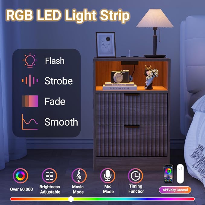 LED Nightstand with Charging Station, Fluted Nightstand Set of 2, Wood - Image 5