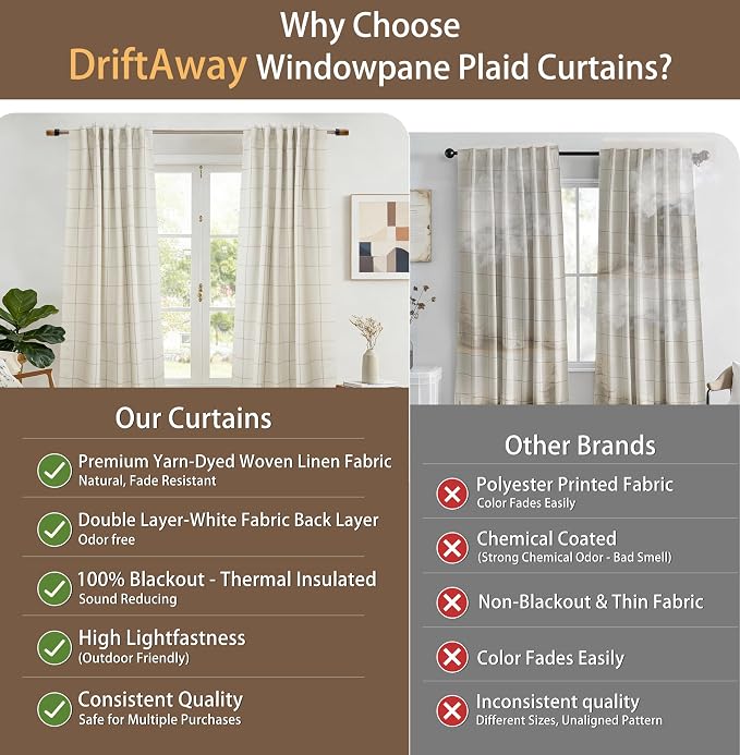 DriftAway 100% Blackout Plaid Linen Curtains 108 Inches Long 2 Panels Taupe | - Image 2