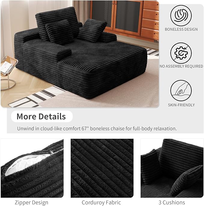Oversized Chaise Lounge Chair Indoor, Plush Corduroy Boneless Sofa Bed - Image 3