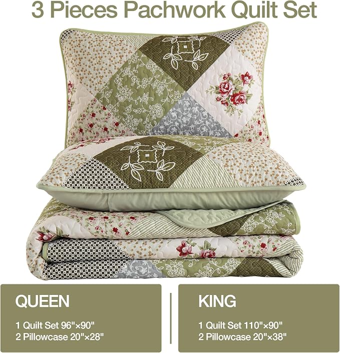 Dinjoy Patchwork Quilt Set King Size, Boho Bedding Set, Oliver Green | Soft - Image 6