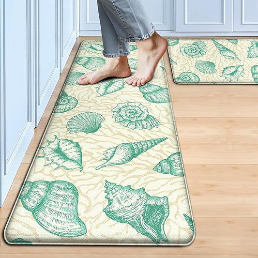 Kitchen Mats for Floor Cushioned Anti Fatigue Sets of 2 Beach Theme Kitchen Rugs Non Slip Waterproof Coastal Foam Kitchen Floor Rug Nautical Coral Seashell Comfort Standing Mat For Sink Laundry, Green