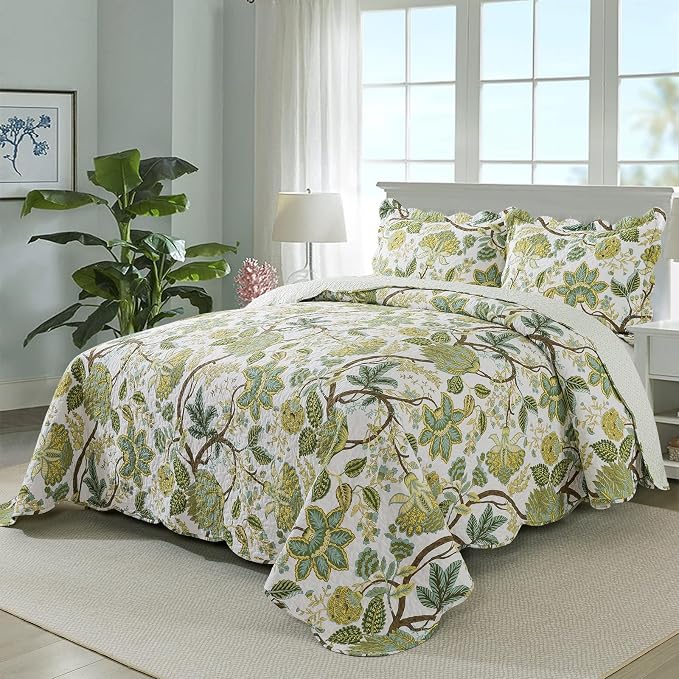 3-Piece Quilt Set Quilted Bedspread Cotton Coverlet Set Floral Oversized - Image 2