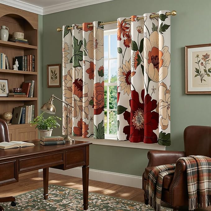 jinchan Beige Boho Floral Blackout Curtains 63 Inch Grommet 2 Panels | Room - Image 3