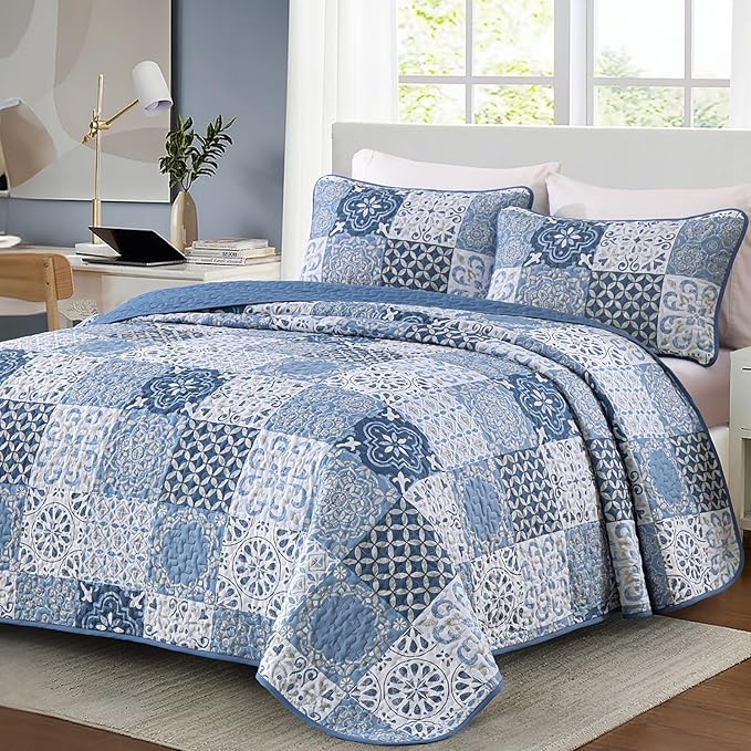 Quilt Set King Boho Plaid Patchwork Bedspreads Coverlet, Mineral Blue | 3Pcs - Image 2