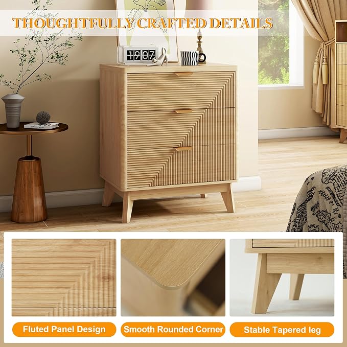 LYNCOHOME 3 Drawer Fluted Nightstand, Modern Wood Night Stand - Image 5