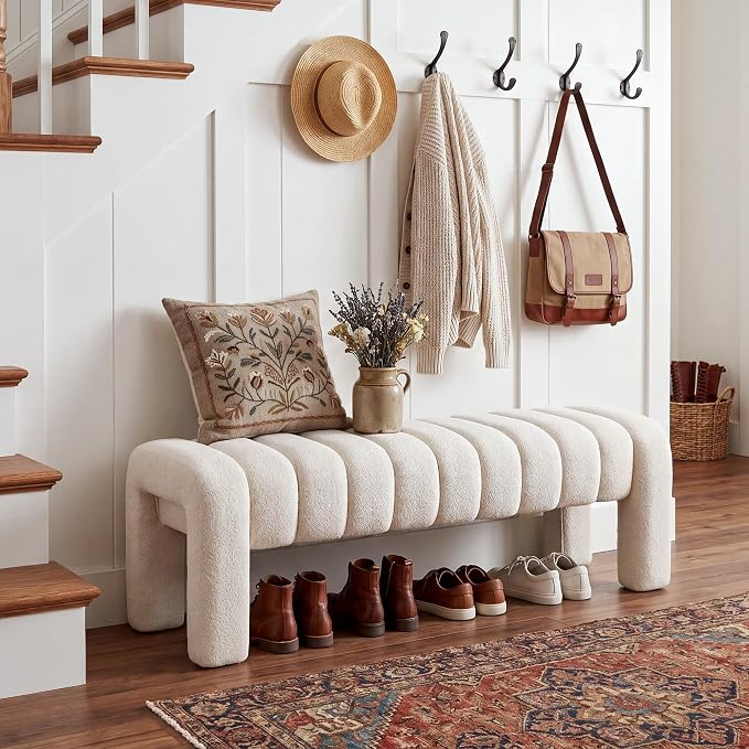 43" End of Bed Bench, Linen Beige | Channel Tufted Upholstered, Entryway Bench - Image 3