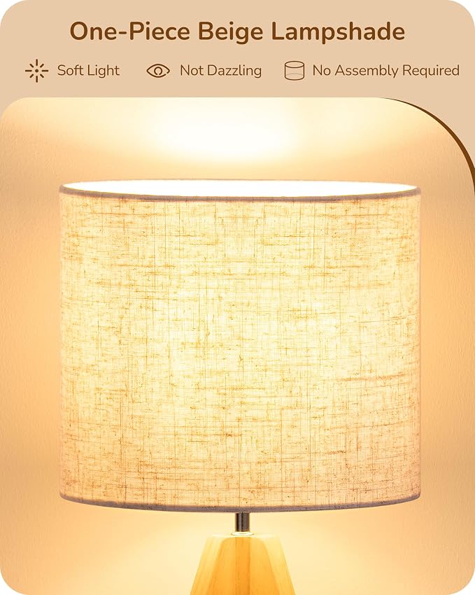 EDISHINE Small Table Lamp, Boho Bedside Lamp, Linen Fabric Shade, 14.2 Inch | - Image 3