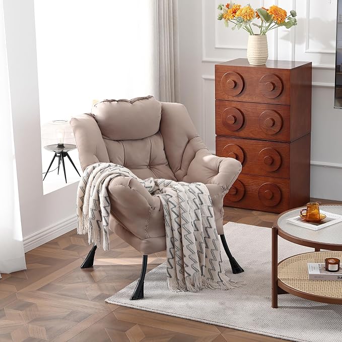 Welnow Khaki Single Lazy Chair for Adults，Modern Reading Accent Chair | A Side - Image 2