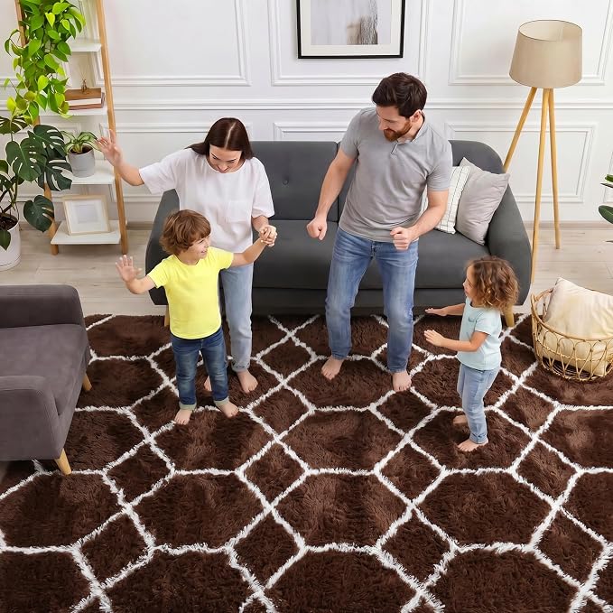 5x7 Area Rugs for Living Room Bedroom, Fluffy Brown and White Throw Rug - Image 3