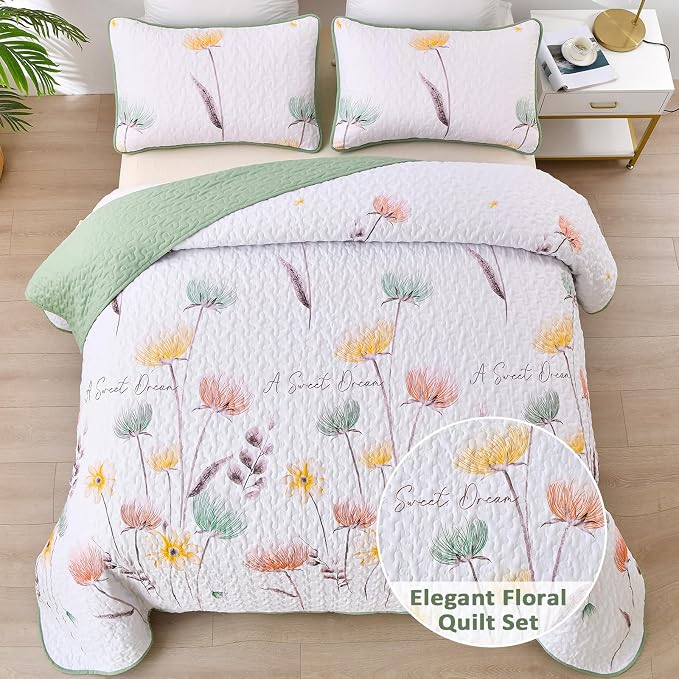 Dinjoy Sage Green Quilt Set Full Size, Floral Bedspread Bedding Set 3 Piece | - Image 2