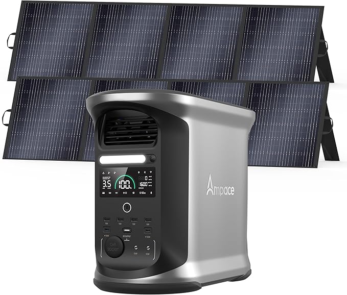 AMPACE Andes 1500 Power Station with 2×200W Solar Panel, 2400W/1462Wh Solar Generator with 3 AC Outlets, AC 1800W Fast Charging, APP Control Battery Backup for Home, Camping & RVs