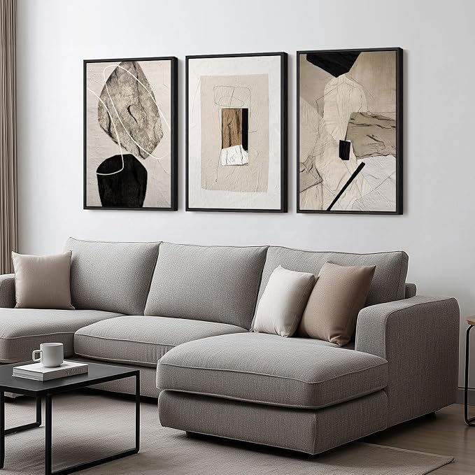 Framed Neutral Abstract Wall Art, Minimalist Black and Beige Pictures - Image 2