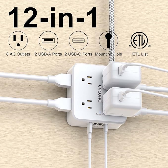 Surge Protector Power Strip - CHCORE 20Ft Braided Extension Cord with 8 Outlets with 4 USB (2 USB C) Charging Ports, Flat Plug Multi Plug Outlet Extender Charging Station for Home Office, ETL, White
