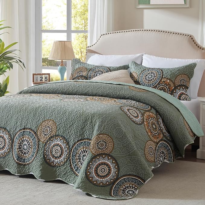 3 Pieces King Size Olive Green Quilt Set Lightweight Oversized Bedspread by LEAONME