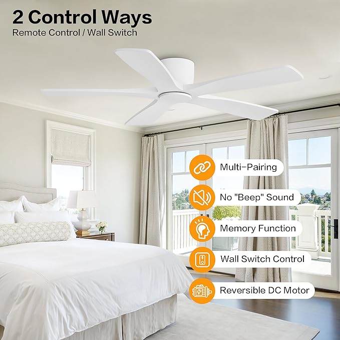 WINGBO 48" Flush Mount DC Ceiling Fans Without Lights, 5 Carved Solid Wood Blades, 6-Speed Reversible DC Motor, Low Profile Hugger Ceiling Fan No Lights for Living Room Bedroom Patio, Gloss White