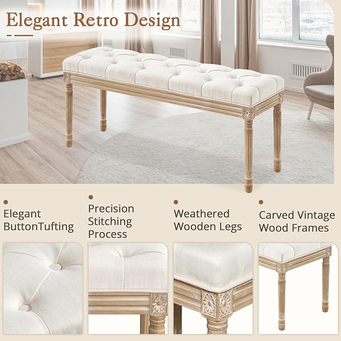 LUE BONA 44" Bedroom Bench, Fabric End of Bed Bench, Upholstered French Tufted - Image 5