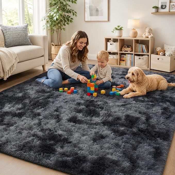 PLHXFR 4x6 Area Rugs Living Room: Fluffy Bedroom Soft Shag Rug Black Grey | - Image 8