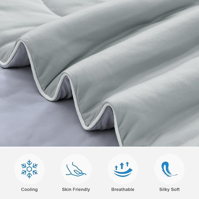 EASELAND Cooling Comforter Queen, Cold Touch Fabric Absorbs Body Heat, Double-Sided Cool Design Soft Fluffy Cooling Blanket for Night Sweats Hot Sleeper(Grey, Queen(90"x90"))
