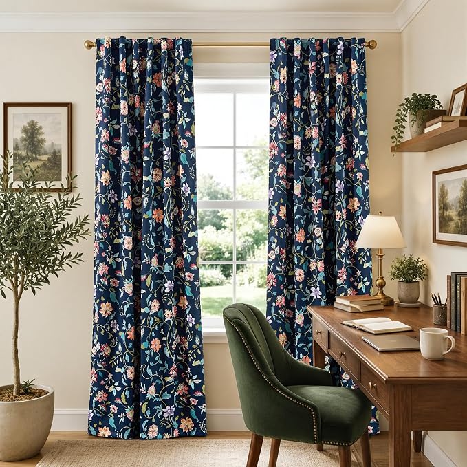 jinchan Dark Blue Floral Blackout Curtains 96 Inch Back Tab 2 Panels | Room - Image 6