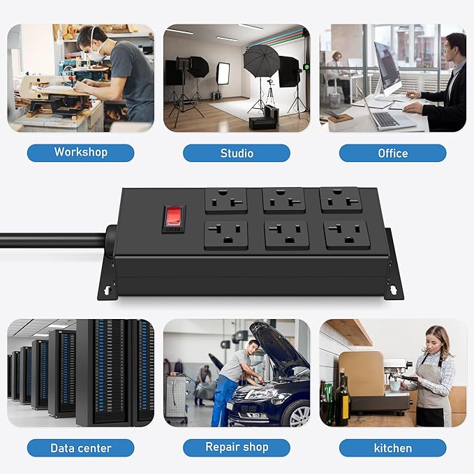 JUNNUJ 20 Amp Power Strip Heavy Duty 2 Pack, Garage 6 Outlets Metal 12 Gauge Surge Protector 3000J, High Amp 5-15P Adapter Shop 6-20R T-Slot Industrial (6AC 2-Pack, 4FT)