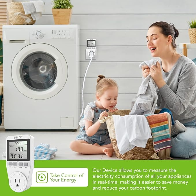BALDR U.S. Electricity Usage Monitor for Home - Appliances Kilowatt Meter Sockets - Wattage Meter Plug In to Measure Energy Usage - Home Energy Monitor with Easy to Read Display - Single Tariff
