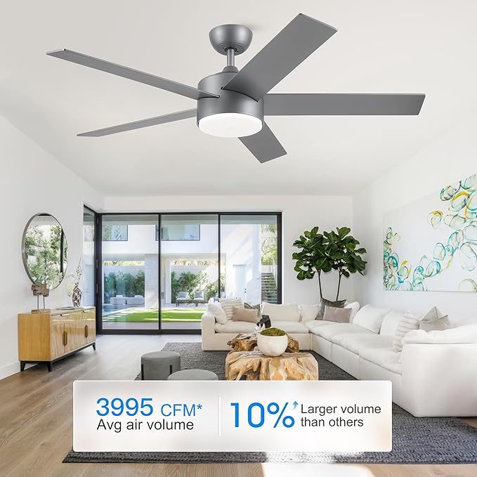 POCHFAN 52 inch Ceiling Fans with Lights and Remote Control Silver, Modern Ceiling Fan Dimmable 3 CCT Temperatures 6-Speed, Quiet LED Ceiling Fan for Bedroom, Living Room