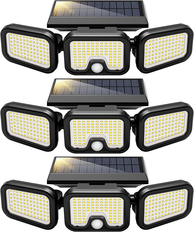 VIVOHOME Solar Flood Lights Outdoor, 256 LED 2500LM Motion Sensor Lights, 3 Adjustable Heads Security Lights, IP65 Waterproof, 270° Wide Lighting Angle Solar Powered Lights for Porch, Yard, 3 Pack