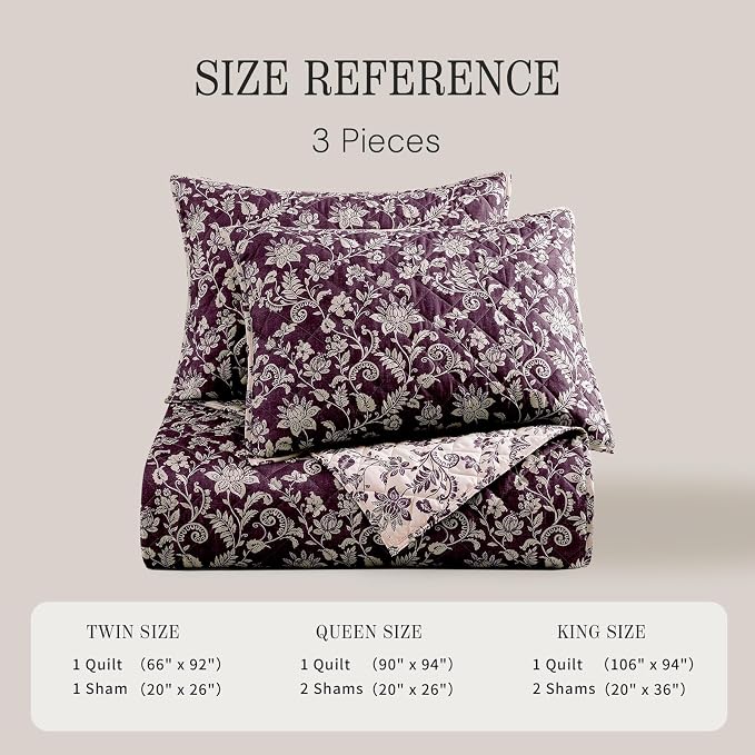 King Quilt Set-3 Pieces Soft Bedding Floral Reversible Coverlet | All Seasons - Image 7