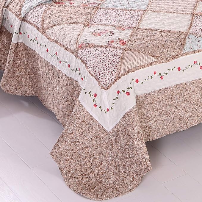 Full/Queen Size Quilt Set Pink Floral Patchwork Bedspreads Bedding Set | - Image 5
