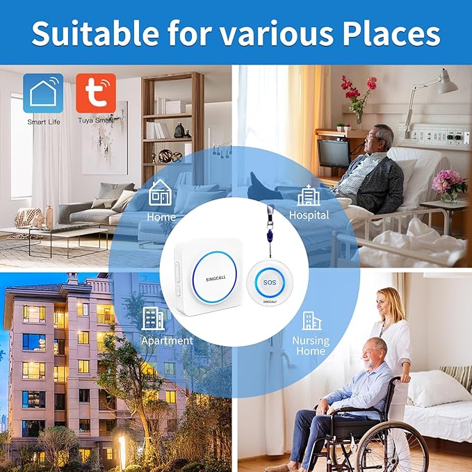 SINGCALL Tuya WiFi SOS Wireless Calling Caregiver Pager System Calling Alert System for Patients Seniors Elderly Disabled 1 Plugin Receiver 1 Smart Emergency Call Button (only Supports 2.4GHz Wi-Fi)
