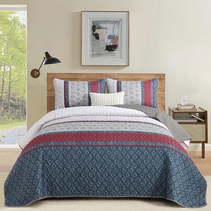 Dinjoy Boho Quilt Set King, Striped Bedspread King Size - Image 2