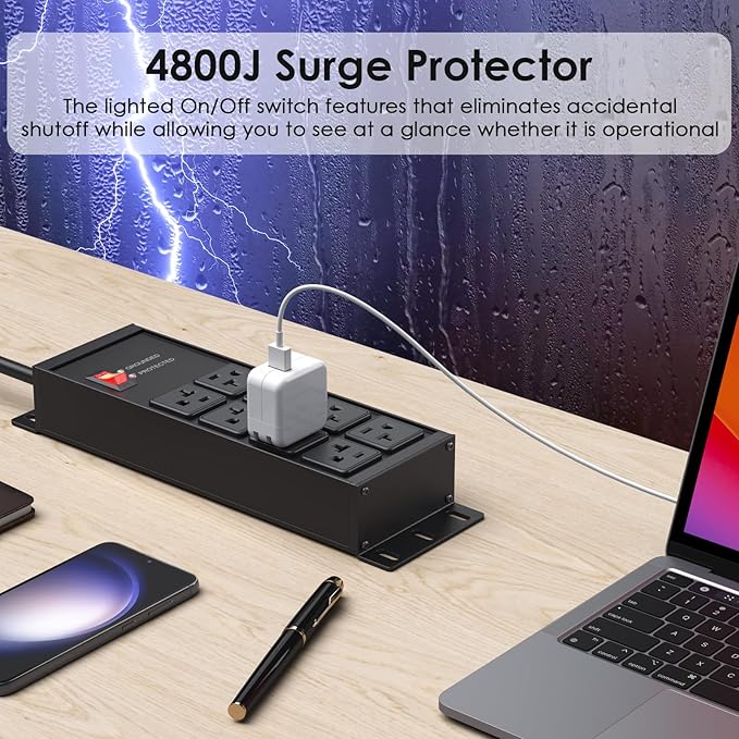 JUNNUJ Heavy Duty 20 Amp Surge Protector 4800J, Garage Metal 8 Outlets 12 Gauge, High Amp 5-15P Adapter Shop 6-20R T-Slot Industrial Outlet, 4 FT Extension Cord Commercial for Appliance